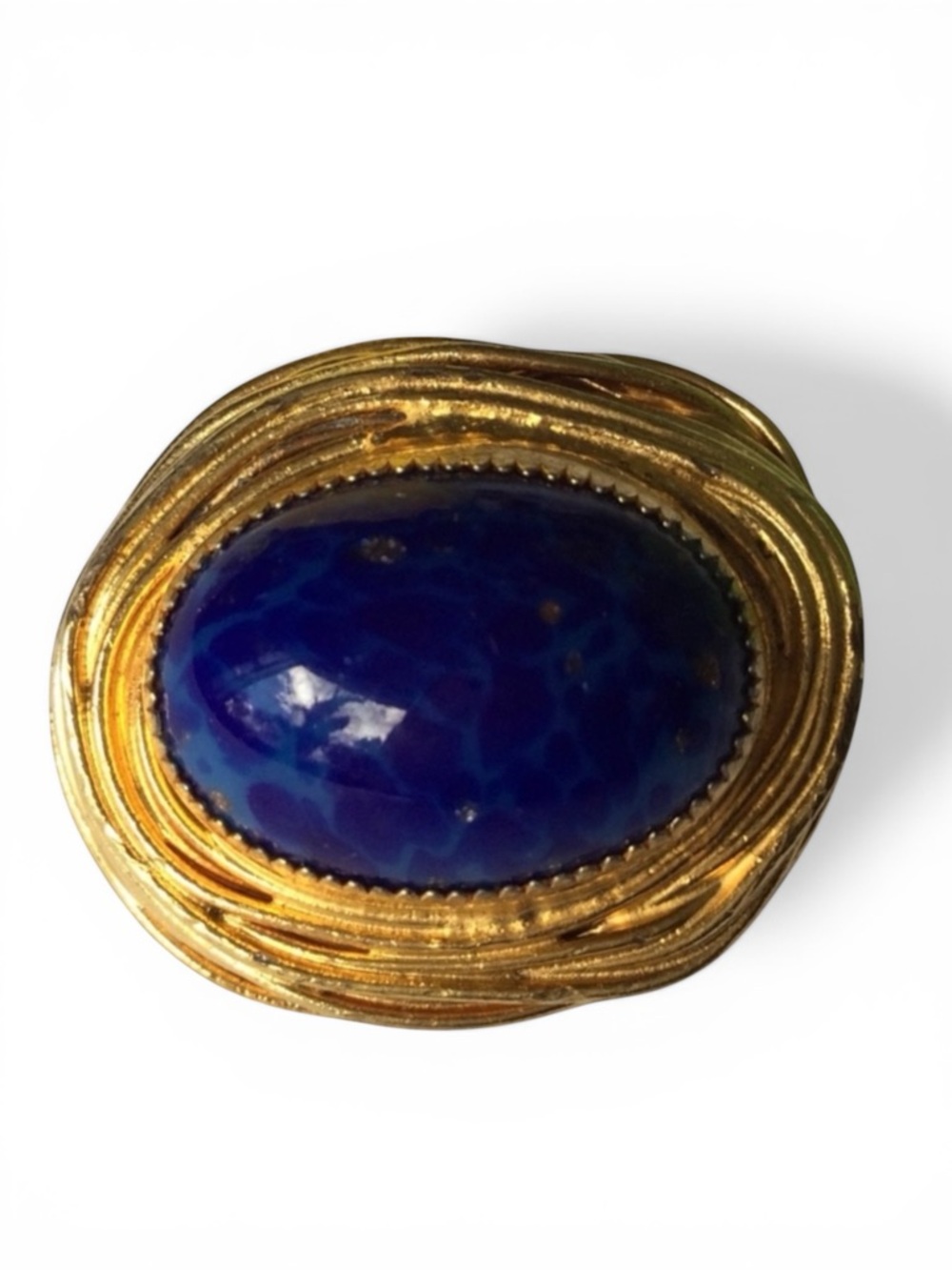 Vintage Brutalist Gold‑Tone Brooch - Blue Agate Cabochon & Gold Flecks - Picture 6 of 13